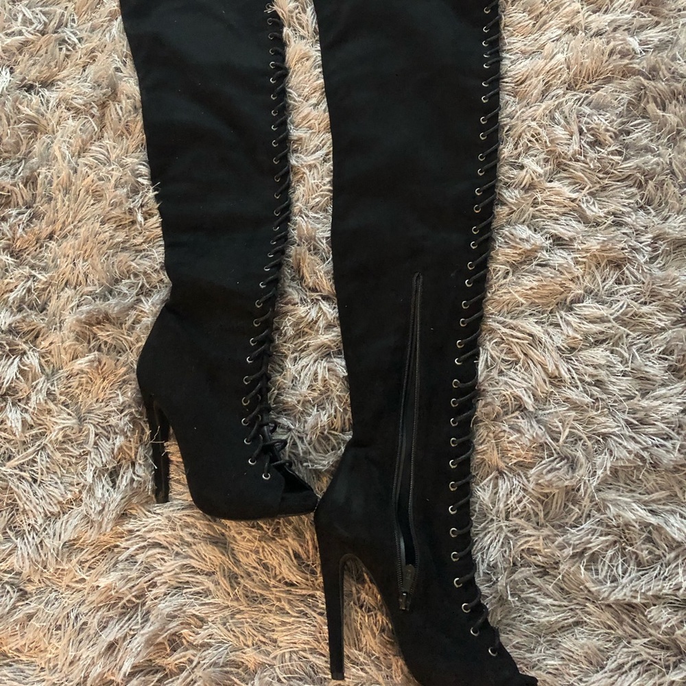 Black peep toe thigh high heels